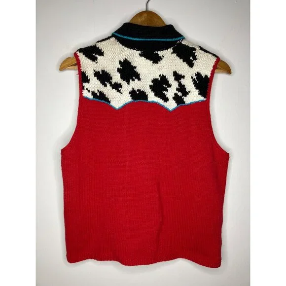 Vintage Susan Bristol Hand Knit Western Vest Red Cow Print Cowboy Womens Medium - Picture 8 of 9
